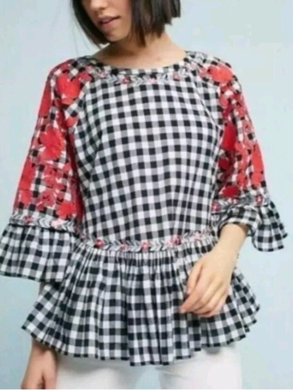 Anthropologie-Pankaj & Nidhi | Black/White Gingham Embroidered Top -💯 Cotton NWT
